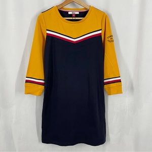 NWT Tommy Hilfiger Preppy Embroidered Knit Long Sleeve Mini Dress S Blue Yellow